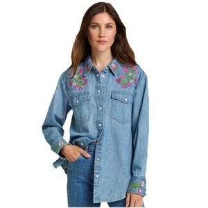 Draper James Lynn Embroidered Shirt‎ M Blue Chambray Denim Pearl Snaps